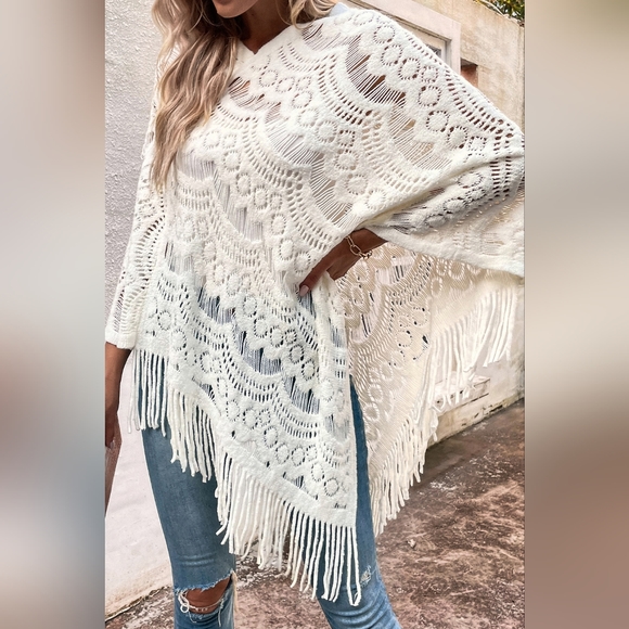Knit Openwork Macrame Oversized Retro Fringe Pullover Poncho Sweater Jacket - Picture 7 of 9